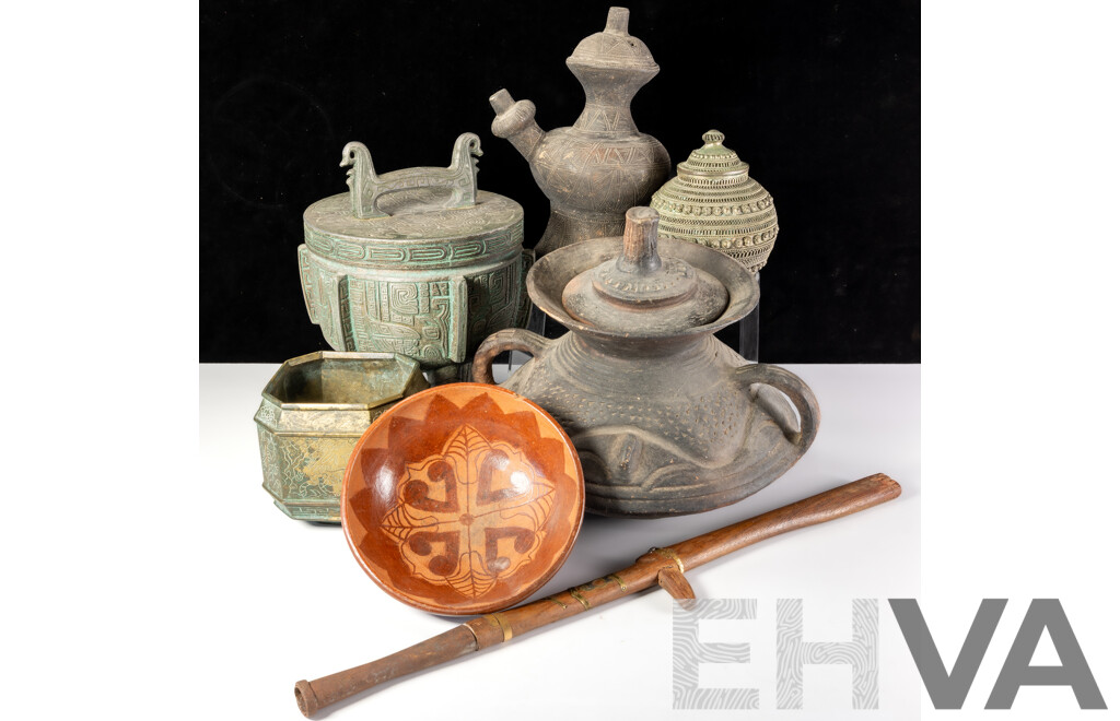 Collection Asian Items Including Archaistic Style Tripod Footed Censer, Vintage Pottery Kendi, Vintage Pottery Lidded Sago Dish and More