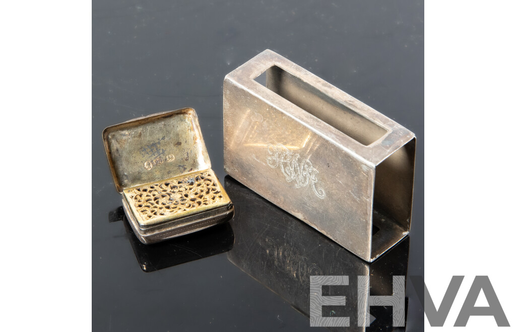 Antique Sterling Silver Vinaigrette, Sterling Silver Matchbox Case with Engraved Monogram