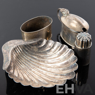 Collection Antique Sterling Silver Comprising Lidded Mustard Pot with Blue Glass Liner, Matching Dish, Both Birmingham 1872, Georg Jensen Salt Shaker & Scallop Form Dish, Sheffield 1901