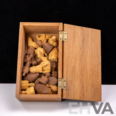 Complete Set 32 Hand Carved African Wooden Chess Pieces in Matching Wooden Box with Carved Detail to Top