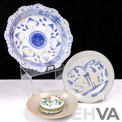 Collection Antique & Vintage Asian Ceramics Including Two Swatow Ware Dishes and More