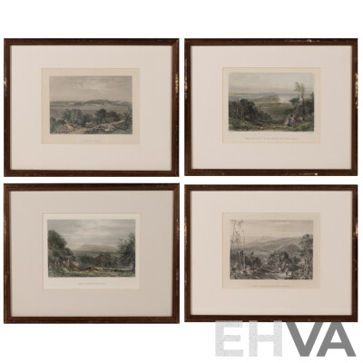 John Skinner Prout, (19th C., British, 1805-1876), Mount Macedon, Victoria & Three More Works, Vintage Hand Coloured Steel Engraving Prints of Originals, 29.5 x 37 cm (frames) (4)
