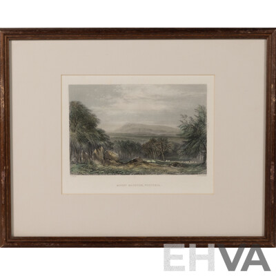 John Skinner Prout, (19th C., British, 1805-1876), Mount Macedon, Victoria & Three More Works, Vintage Hand Coloured Steel Engraving Prints of Originals, 29.5 x 37 cm (frames) (4)