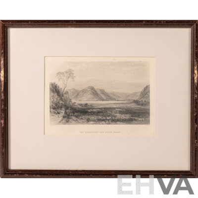 John Skinner Prout, (19th C., British, 1805-1876), The Hawkesbury, NSW; Perth, Tasmania; Harper Hill, Hunter River, Trio of Antique Hand Coloured Engravings, 30 x 38 cm (frames)(3)
