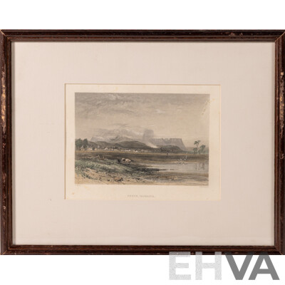 John Skinner Prout, (19th C., British, 1805-1876), The Hawkesbury, NSW; Perth, Tasmania; Harper Hill, Hunter River, Trio of Antique Hand Coloured Engravings, 30 x 38 cm (frames)(3)