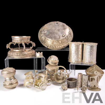 Large Collection Vintage and Other White Metal Mostly Asian Pieces Including Repousse Examples, Souvenir Ware and More