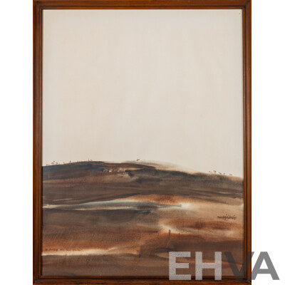 Signature Indistinct - Artist Unknown, (20th Century), Vast Land, Small Houses (1981), Wonderful Original Watercolour, 78 x 60 cm (frame)