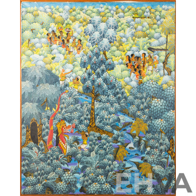 JM Darmauasa, (20th Century, Balinese), Dragon God Worshipping in Jungle, Original Vintage Handpainted Ink & Pigment on Canvas Cloth, 91.5 x 73 cm (frame)