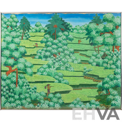 Artist Unknown, (20th Century, Balinese), Workers in the Fields, Original Vintage Handpainted Ink & Pigment on Canvas Cloth Backed on Thin Wooden Panel, 67 x 82 cm (frame)