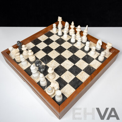 Vintage Marble and Wood Chess Set with Two Slide Out Drawers and  Full Set Marble Pieces and Some Extras