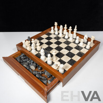Vintage Marble and Wood Chess Set with Two Slide Out Drawers and  Full Set Marble Pieces and Some Extras