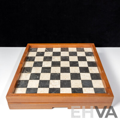 Vintage Marble and Wood Chess Set with Two Slide Out Drawers and  Full Set Marble Pieces and Some Extras