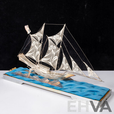 Vintage Indonesian Silver Plate Filigree Boat in Glass Case
