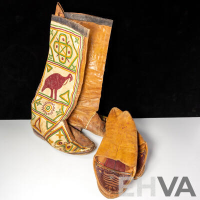 Vintage Pair Leather Mexican Cowboy Boots with Embroidered Decoration Along with Pair Leather Middle Eastern Slippers
