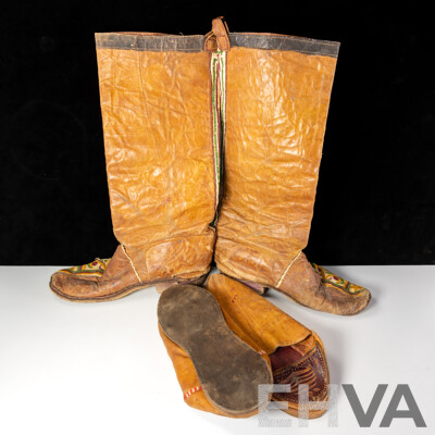 Vintage Pair Leather Mexican Cowboy Boots with Embroidered Decoration Along with Pair Leather Middle Eastern Slippers