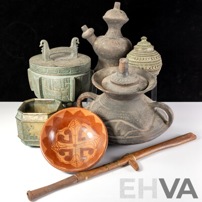 Collection Asian Items Including Archaistic Style Tripod Footed Censer, Vintage Pottery Kendi, Vintage Pottery Lidded Sago Dish and More