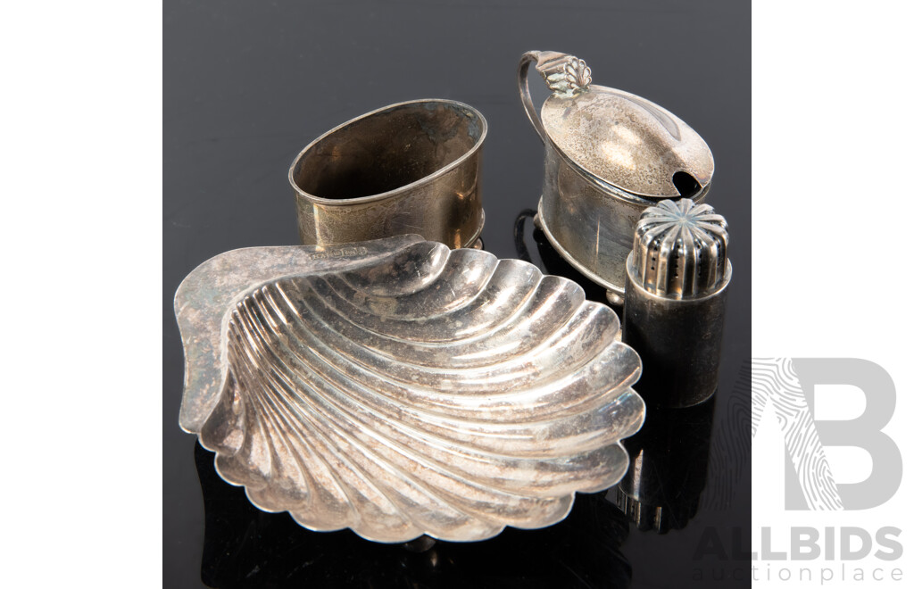 Collection Antique Sterling Silver Comprising Lidded Mustard Pot with Blue Glass Liner, Matching Dish, Both Birmingham 1872, Georg Jensen Salt Shaker & Scallop Form Dish, Sheffield 1901