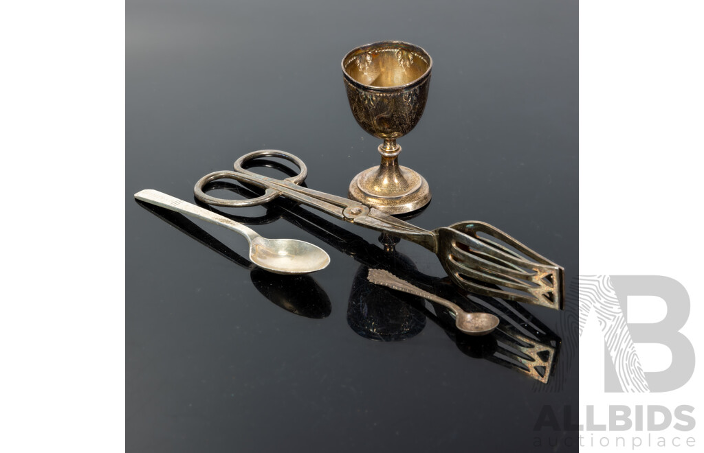 Collection Vintage Sterling Silver Pieces Comprising Egg Cup, Teaspoon, Mustard Spoon & Muffin Tongs
