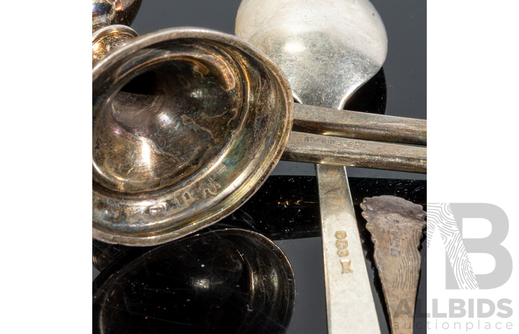 Collection Vintage Sterling Silver Pieces Comprising Egg Cup, Teaspoon, Mustard Spoon & Muffin Tongs