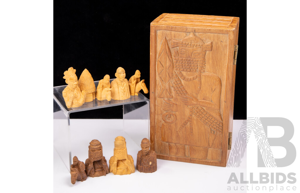 Complete Set 32 Hand Carved African Wooden Chess Pieces in Matching Wooden Box with Carved Detail to Top