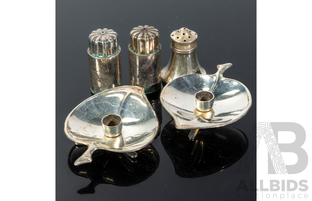Pair Mid Century Danish  Sterling Silver Georg Jensen Salt Shakers, Pair Danish Prima Silver Plate Taper Holders and Sterling Silver Salt Shaker