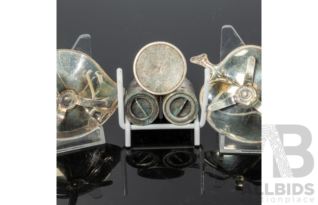 Pair Mid Century Danish  Sterling Silver Georg Jensen Salt Shakers, Pair Danish Prima Silver Plate Taper Holders and Sterling Silver Salt Shaker