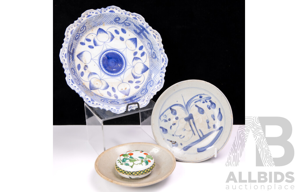 Collection Antique & Vintage Asian Ceramics Including Two Swatow Ware Dishes and More