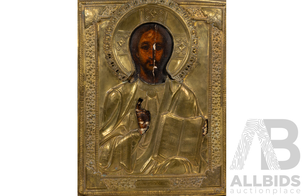 Late 19th/Early 20th Century, Russian School,  Antique Orthodox Icon Christ Pantocrator, Tempera on Gesso & Linden Wood Encased in Metal Decorative Riza, 44 x 35 cm