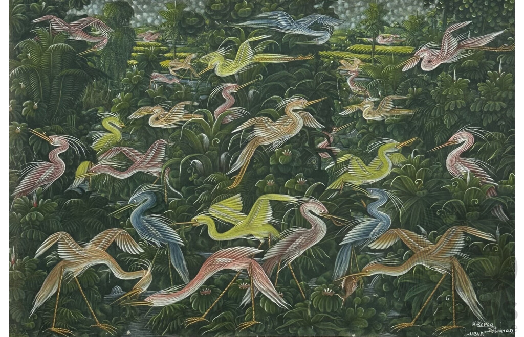 W. Kapea, (20th Century, Balinese School), Birds of Paradise, Peliatan, Ubud, Vintage Coloured Pigment on Cloth, 49.5 x 71 cm