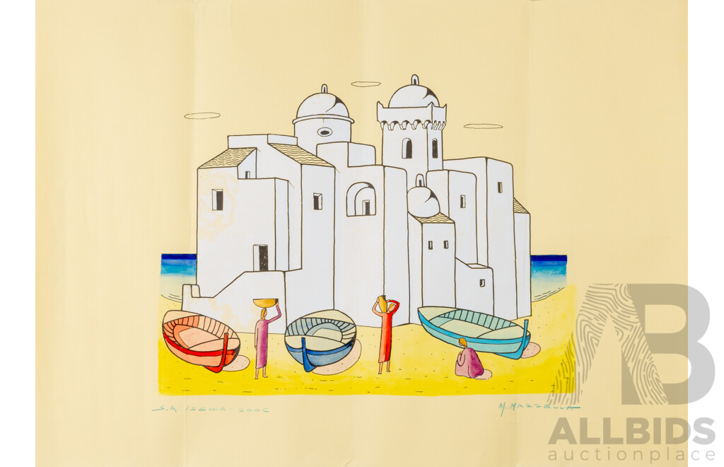 Mario Mazzella, (20th Century, Italian, 1923-2008), Villagers (2006), Watercolour Lithograph, Signed, 50 x 69 cm (edge to edge)