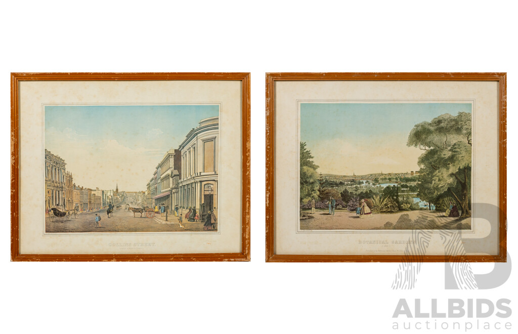 Francois Cogne, (19 C., French,1829-1883) & Charles Troedel, Botanical Gardens (1863) & Collins Street, Pair of Vintage Colour Hand Numbered Prints From Original Lithographs (1968) 40 x 50 cm (frames) (2)