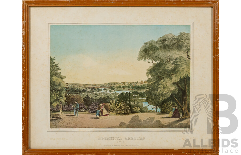 Francois Cogne, (19 C., French,1829-1883) & Charles Troedel, Botanical Gardens (1863) & Collins Street, Pair of Vintage Colour Hand Numbered Prints From Original Lithographs (1968) 40 x 50 cm (frames) (2)