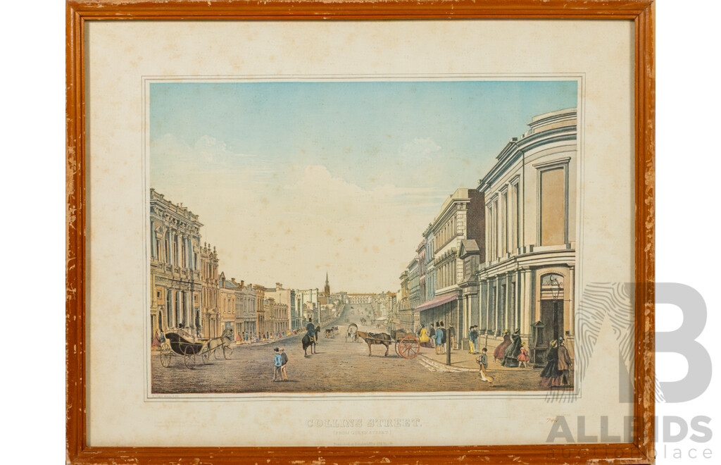 Francois Cogne, (19 C., French,1829-1883) & Charles Troedel, Botanical Gardens (1863) & Collins Street, Pair of Vintage Colour Hand Numbered Prints From Original Lithographs (1968) 40 x 50 cm (frames) (2)