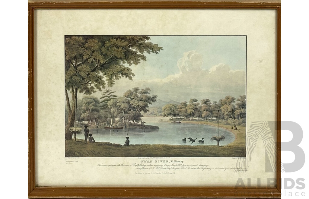 J. W. Huggins, (c1830s); & Edward Duncan (1803-1882), Swan River, 50 Miles Up, Vintage Hand Numbered Reproduction of Original Aquatint by Duncan, 40 x 50 cm (frame)