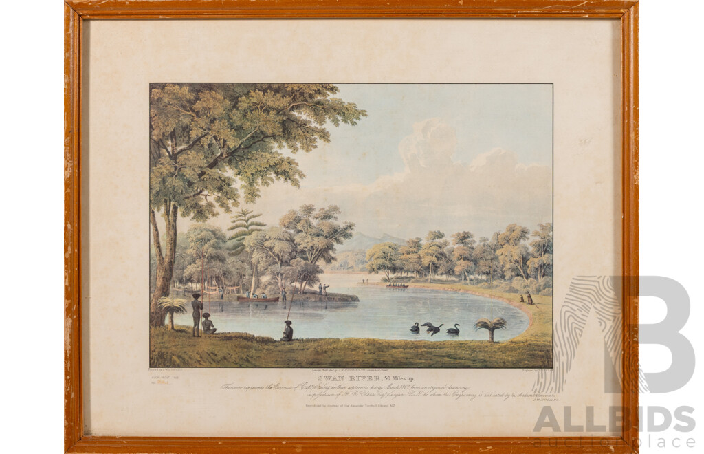 J. W. Huggins, (c1830s); & Edward Duncan (1803-1882), Swan River, 50 Miles Up, Vintage Hand Numbered Reproduction of Original Aquatint by Duncan, 40 x 50 cm (frame)