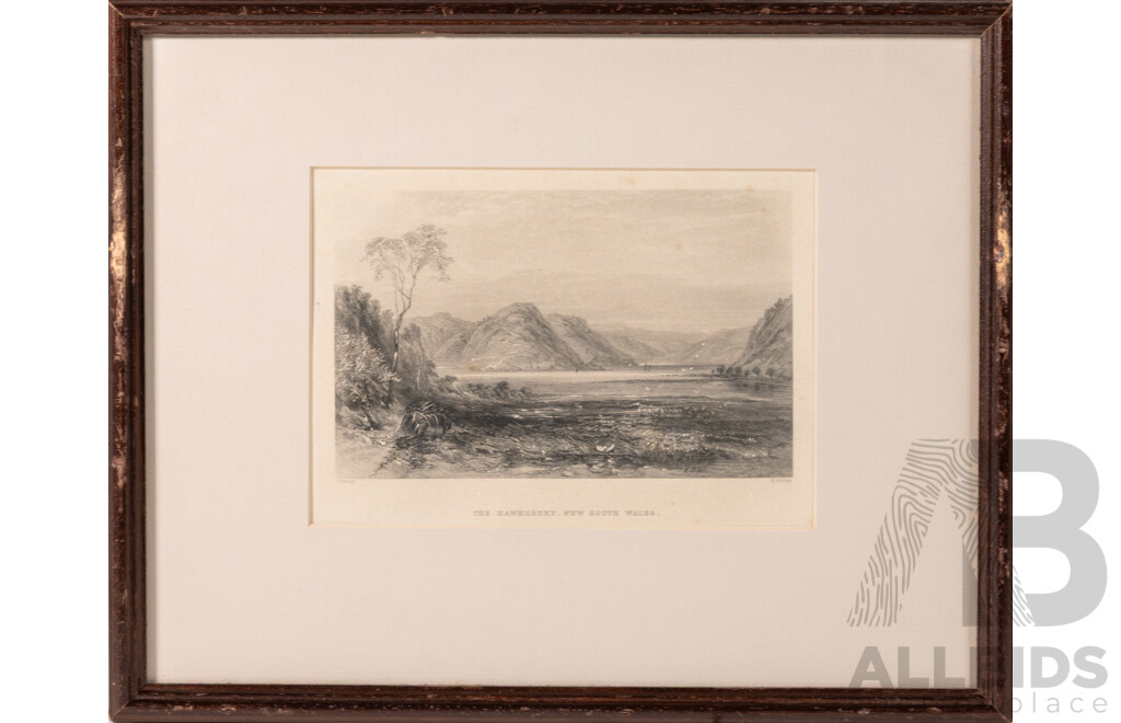 John Skinner Prout, (19th C., British, 1805-1876), The Hawkesbury, NSW; Perth, Tasmania; Harper Hill, Hunter River, Trio of Antique Hand Coloured Engravings, 30 x 38 cm (frames)(3)