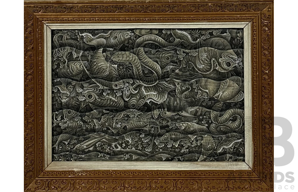 I.W. Ark? (20th Century, Balinese School), Sea Creatures, Vintage Pigment on Cloth, 44 x 56 cm (frame)