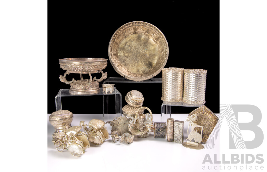 Large Collection Vintage and Other White Metal Mostly Asian Pieces Including Repousse Examples, Souvenir Ware and More