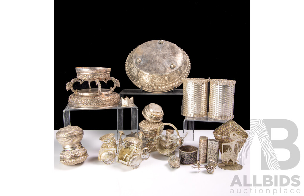 Large Collection Vintage and Other White Metal Mostly Asian Pieces Including Repousse Examples, Souvenir Ware and More