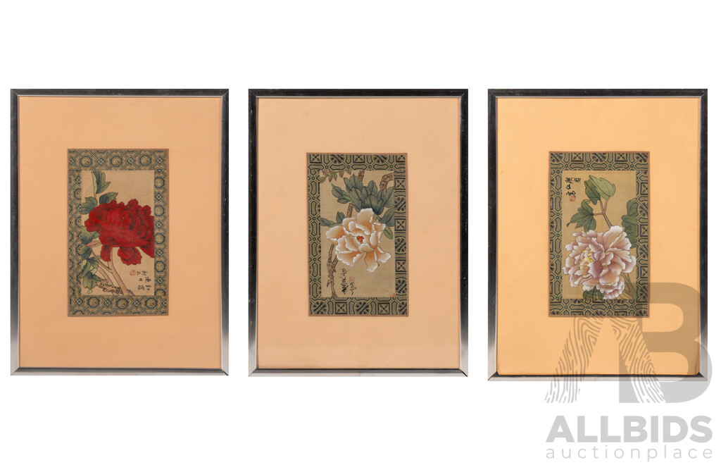 Artists Unknown (20th Century, Chinese School), Peonies I, II & III, Lovely Trio of Vintage Ink & Watercolours on Silk Panels, 32 x 24 cm (frames) (3)