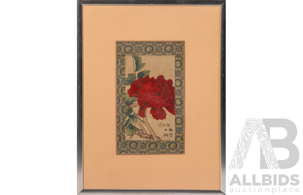 Artists Unknown (20th Century, Chinese School), Peonies I, II & III, Lovely Trio of Vintage Ink & Watercolours on Silk Panels, 32 x 24 cm (frames) (3)