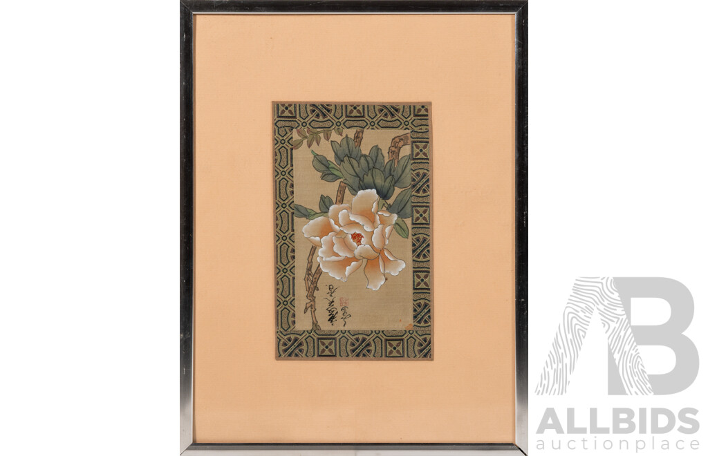 Artists Unknown (20th Century, Chinese School), Peonies I, II & III, Lovely Trio of Vintage Ink & Watercolours on Silk Panels, 32 x 24 cm (frames) (3)