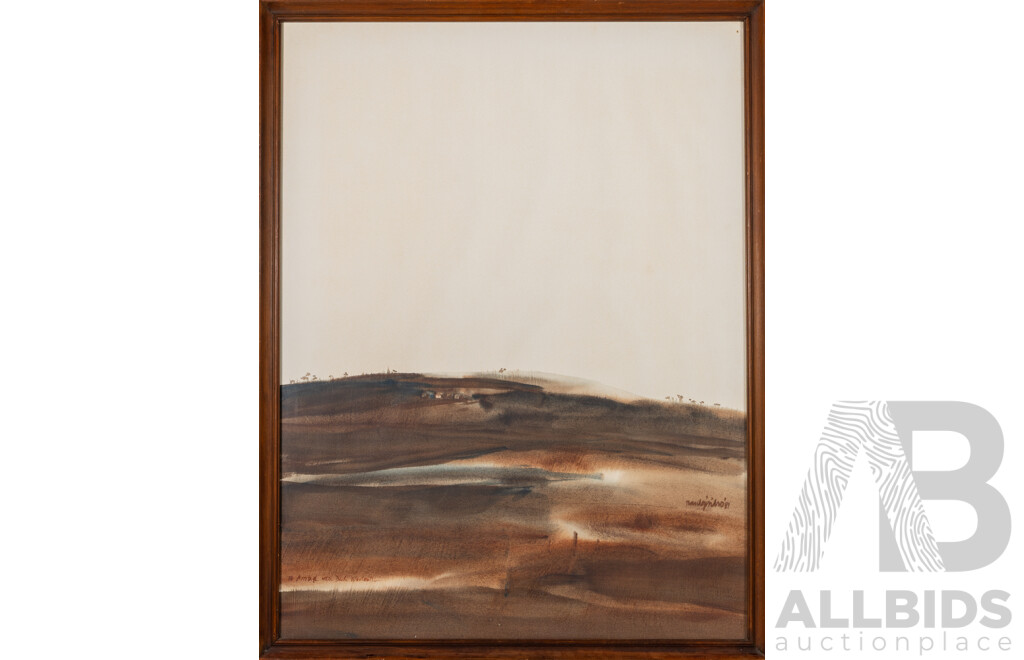 Signature Indistinct - Artist Unknown, (20th Century), Vast Land, Small Houses (1981), Wonderful Original Watercolour, 78 x 60 cm (frame)