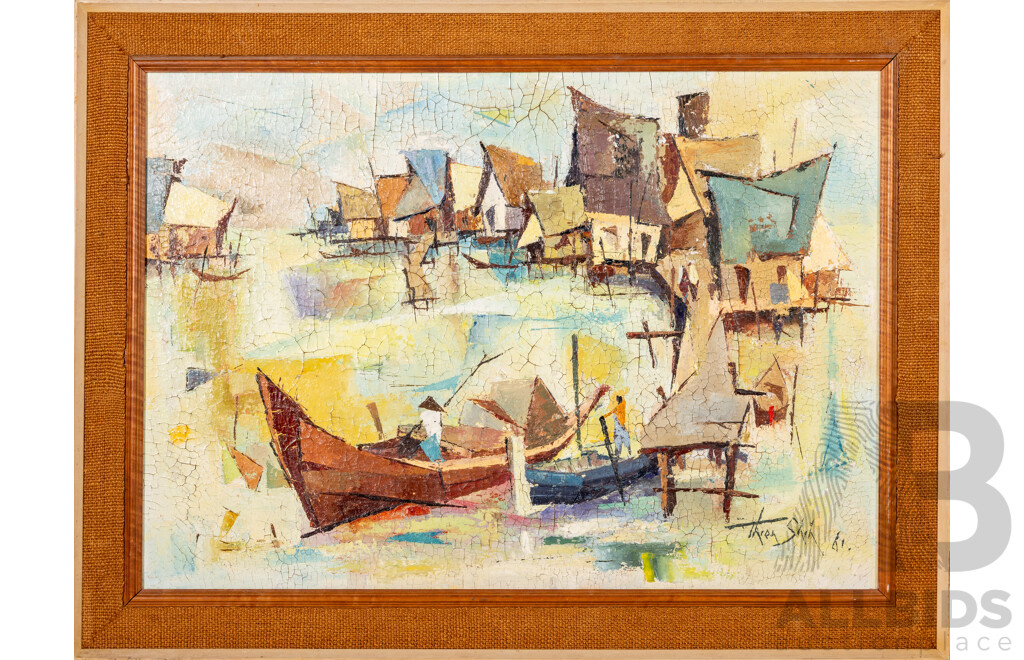(Possibly) Long Thien Shih (20th Century, Malaysian, 1946-), Junks on the Water (1961), Vintage Oil on Board, 62 x 82 cm (frame)