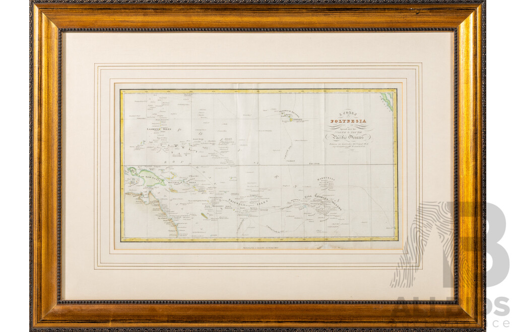 W.H. Lizars, (19th Century, British, 1788-1859) Chart of Polynesia or Groups of Islands Spread Over the North & South Pacific Ocean..., Antique Hand Coloured Engraving Print, 46 x 63 cm (frame)