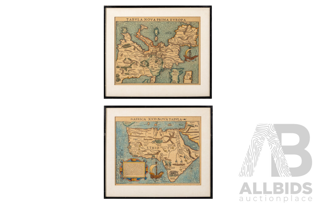 Sebastian Munster, (1488-1552, German), Tabula Nova Prima Europa & Africa XXV Nova Tabula, Pair of Lovely Antique Hand Coloured Engraved Prints, 38 x 44 cm (frames) (2)