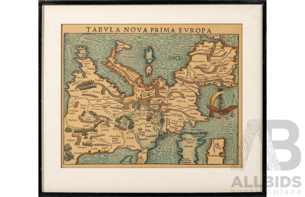 Sebastian Munster, (1488-1552, German), Tabula Nova Prima Europa & Africa XXV Nova Tabula, Pair of Lovely Antique Hand Coloured Engraved Prints, 38 x 44 cm (frames) (2)