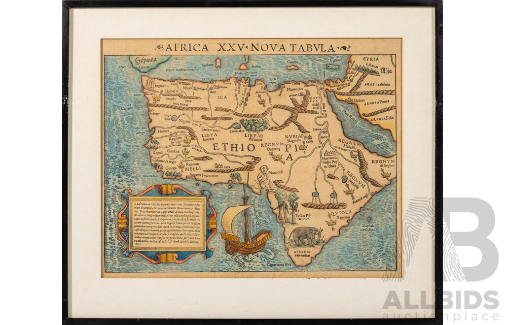 Sebastian Munster, (1488-1552, German), Tabula Nova Prima Europa & Africa XXV Nova Tabula, Pair of Lovely Antique Hand Coloured Engraved Prints, 38 x 44 cm (frames) (2)