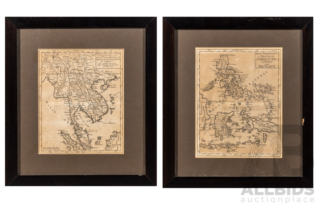 Isles Phillipines Et Moluques [Phillipine Islands & Moluccas] & Presqu Isle De L'Inde], Pair of Antique Steel Engraving Map Prints, 34 x 30 cm (frames) (2)