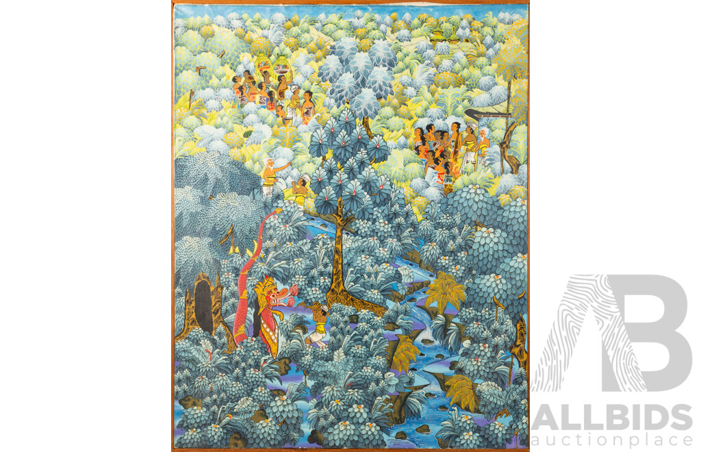 JM Darmauasa, (20th Century, Balinese), Dragon God Worshipping in Jungle, Original Vintage Handpainted Ink & Pigment on Canvas Cloth, 91.5 x 73 cm (frame)